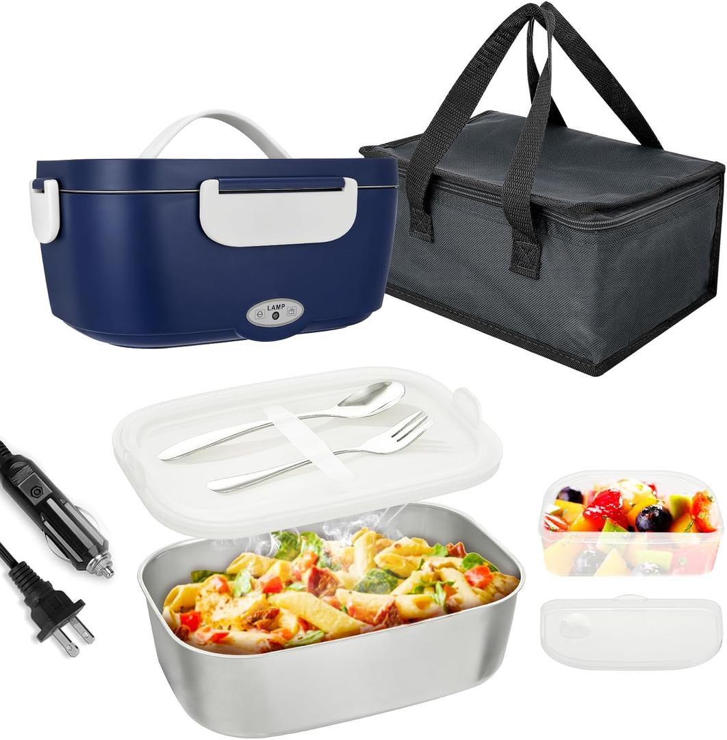 VICARKO Electric Lunch Box 80W Food Heater for Adults 12~24/110~220V Portable Heated Warmer for Car/Truck/Office with SS Fork Spoon, 1.5L, 304 Container