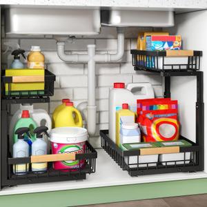 Under Sink Organizer, 2 Packs 2 Tier Under Sink Organizers and Storage, Slide Out Pull Out Cabinet Organizer Shelf, Metal Sliding Drawer for Kitchen Bathroom Pantry Cabinet Closet Organization Rack (2 Pack, Black)
