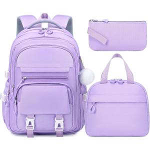 GeeWin Girls Backpack, 15.6" Laptop Backpack Schoolbag for Girls Teens Kid Children Elementary Middle School Student, Waterproof Stylish Girl Bookbag with Insulated Lunch Bag & Pencil Bag (Purple)