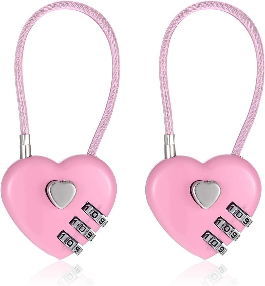 2 x 2 Pcs Padlock Combination Locker Lock 3 Digit Heart Shaped Cable Lock with Code, Pink Heart Locks for Backpacks, Gym Locker, Suitcase Travel Locks