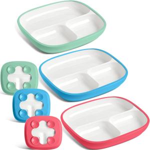 Domensi 3 Set Kids Porcelain Plates with Silicone Sleeves 8.2 Inch Divided Porcelain Plate Toddler White Suction Dishes for Baby Trouble less Eating Microwave Dishwasher Safe (Bright)
