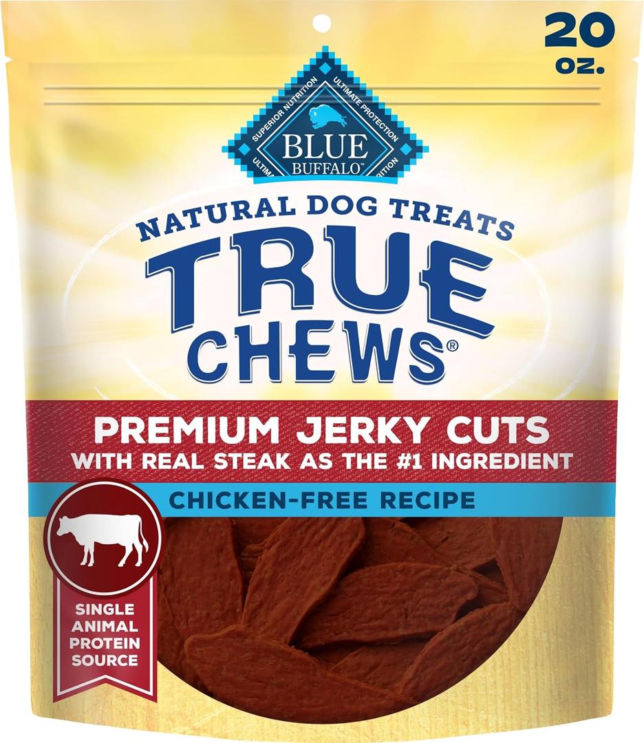 Blue Buffalo True Chews Beef Premium Jerky Cuts Natural Dog Treats, Chicken-Free Recipe, Healthy Reward or Training Treat, Made in the USA with Real Steak & Natural Ingredients, 20 oz. (EXP 08/18/27)