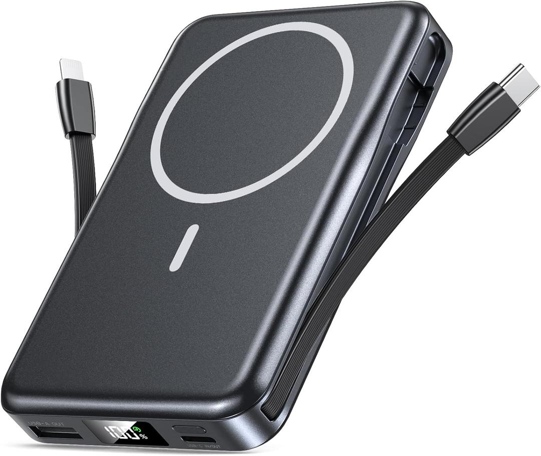 Magnetic Portable Charger, 5 in 1 Power Bank, 10000mAh Portable Charger with Built in Cable, USB-C Fast Charging for Magsafe Battery Pack Compatible with iPhone 16/15/14/13 Pro/Pro Max, Samsung Series