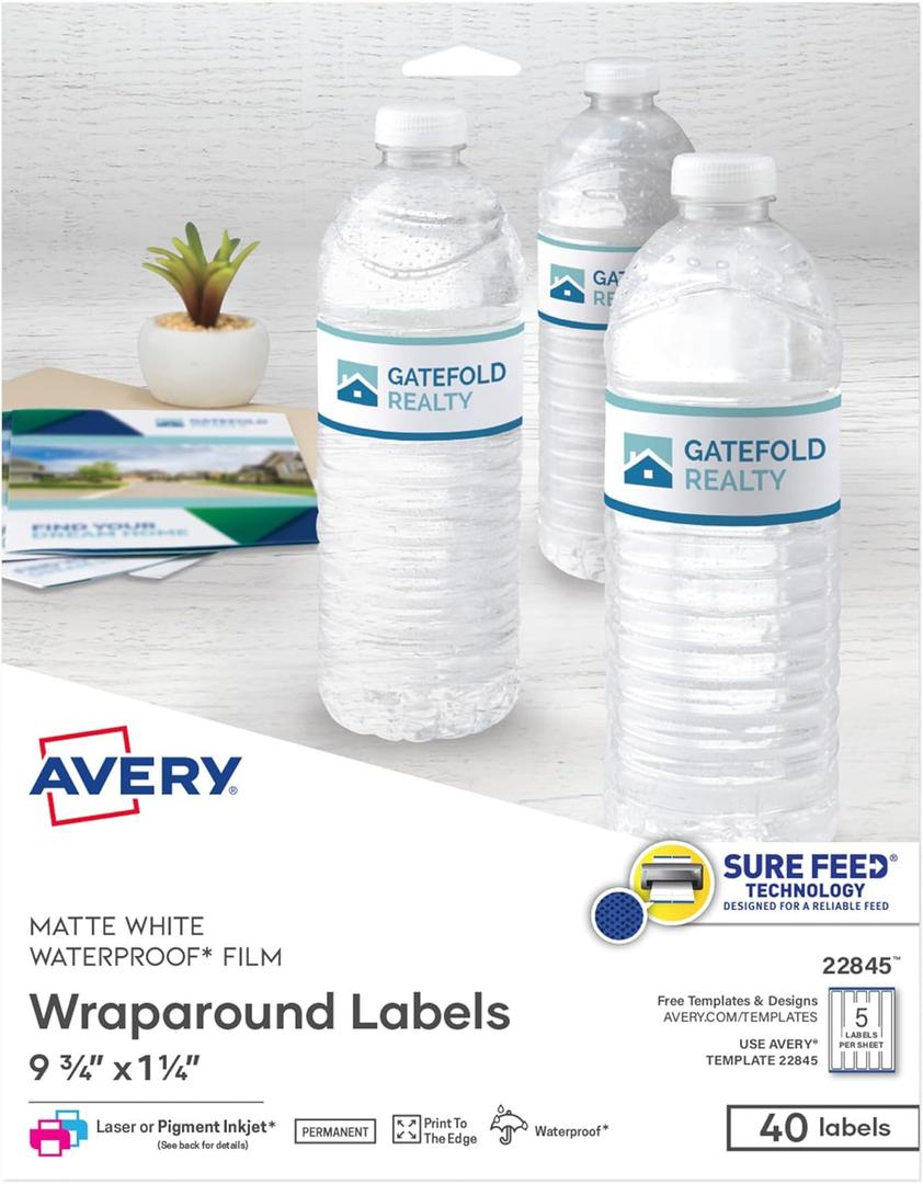 Avery Durable Waterproof Wraparound Rectangle Labels with Sure Feed Technology, 1-1/4" x 9-3/4", Matte White, 40 Customizable Labels for Laser and Pigment-Inkjet Printers (22845) (One Size)