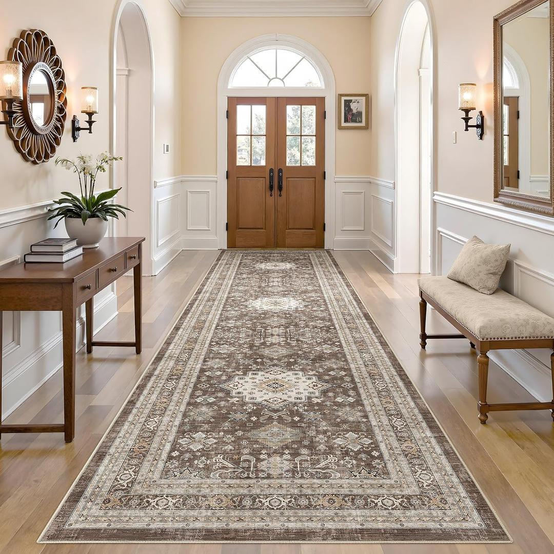 Vintage Hallway Runner Rug 3x12: Large Soft Washable Entryway for Kitchen Laundry Room Non-Slip Backing Runner for Entrance Living Room Bedroom Bathroom - Dark Brown