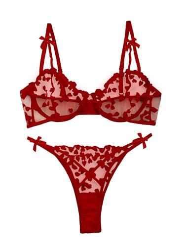 Lilosy Sexy Cute Underwire Push Up Strappy Heart Embroidered Mesh Sheer Lingerie Set for Women Bachelorette See Through Bra and Panty 2 Piece Bow Red Large