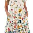 Women's Elegant Flowy Dress Casual Floral Sundress V-Neck Short Sleeve Dresses A-Lined Tiered Midi Dresses (Floral Butterfly Print, L)