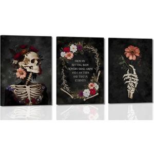 3pc Framed Gothic Floral Skull Canvas Wall Art Romantic Bone and Bloom Posters Eternal Bloom Prints Paintings Pictures Dark Bathroom Wall Decor for Bedroom Living Room Halloween Decoration