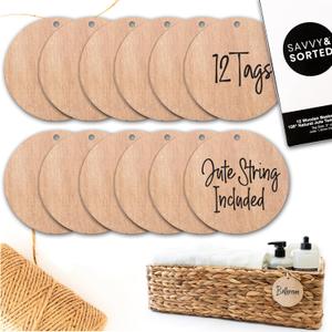 SAVVY & SORTED 12 Round Wooden Ornament Basket Tags for Storage Bin, 3 Wood Bin Labels with Jute String - Hanging Basket Labels for Pantry, Closet Organization, Blank Personalized Craft Tags (Natural)