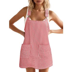 Yousify Womens Striped Denim Overalls Dress Casual Adjustable Straps Striped Jeans Dress Summer Sleeveless Short Rompers Red X-Large