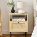Masupu Rattan Nightstand, Modern Boho Farmhouse Wood Bedside Table with Storage Drawer and Open Shelf, Small Black Frame Side End Table for Bedroom, Living Room, Office (Natural)