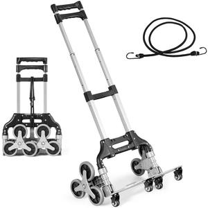 Folding Hand Truck on 10 Wheels, Aluminium Stair Climbing Cart with Adjustable Handle and Cord, Sack Dolly Truck Trolley for Moving Shopping Travel, 80KG Load Capacity