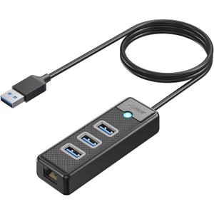 ORICO USB Hub Ethernet, 4 Port USB 3.0 Hub, USB-A to Gigabit Ethernet Adapter with 3 USB 3.0 Hub for Laptop, USB Hub 3.0 with RJ45 10/100/1000 Gigabit -PW3UR-05 (Black1M)