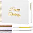 Mooliwe Birthday Guestbook with Pens Stickers Hardbound Book 8.3 x 6.5 Inch Hardcover Hardbound Signature Guest Book for Photobooth Photo Strips Scrapbook Party Supplies (White, Birthday)