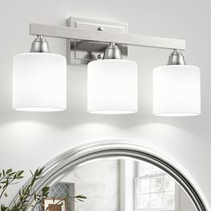 VOLISUN Brushed Nickel Bathroom Light Fixtures, 3-Light Bathroom Vanity Lights Over Mirror, Modern Vanity Light for Bathrooms, Bathrooms Lights Fixtures Over Mirror with Milky White Glass Shades