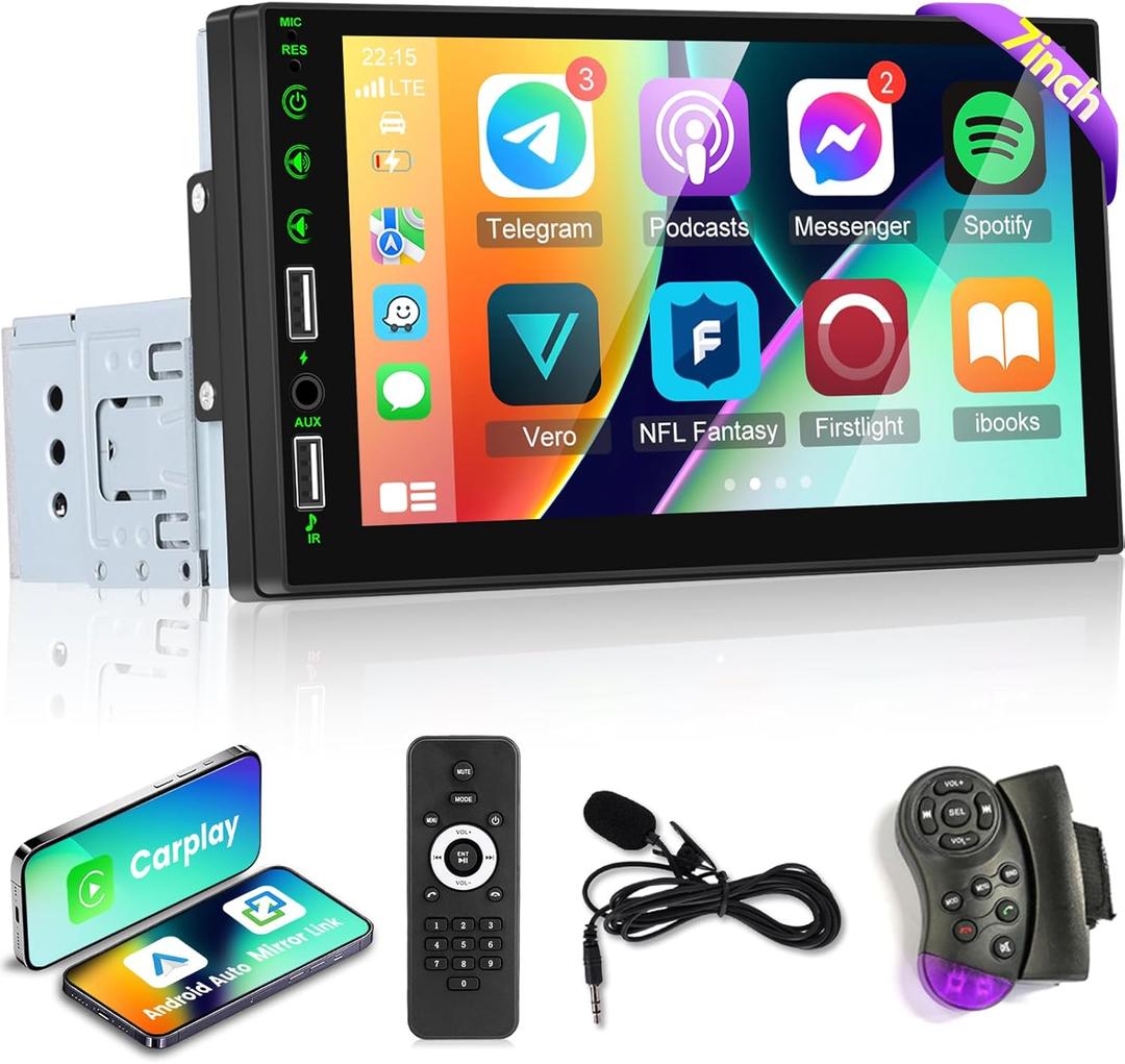 7 inch HD Single Din Touchscreen Car Stereo - Carplay and Android Auto, 1 Din Car Radio with Bluetooth, Mirror Link, FM Radio, Steering Wheel Control + Microphone