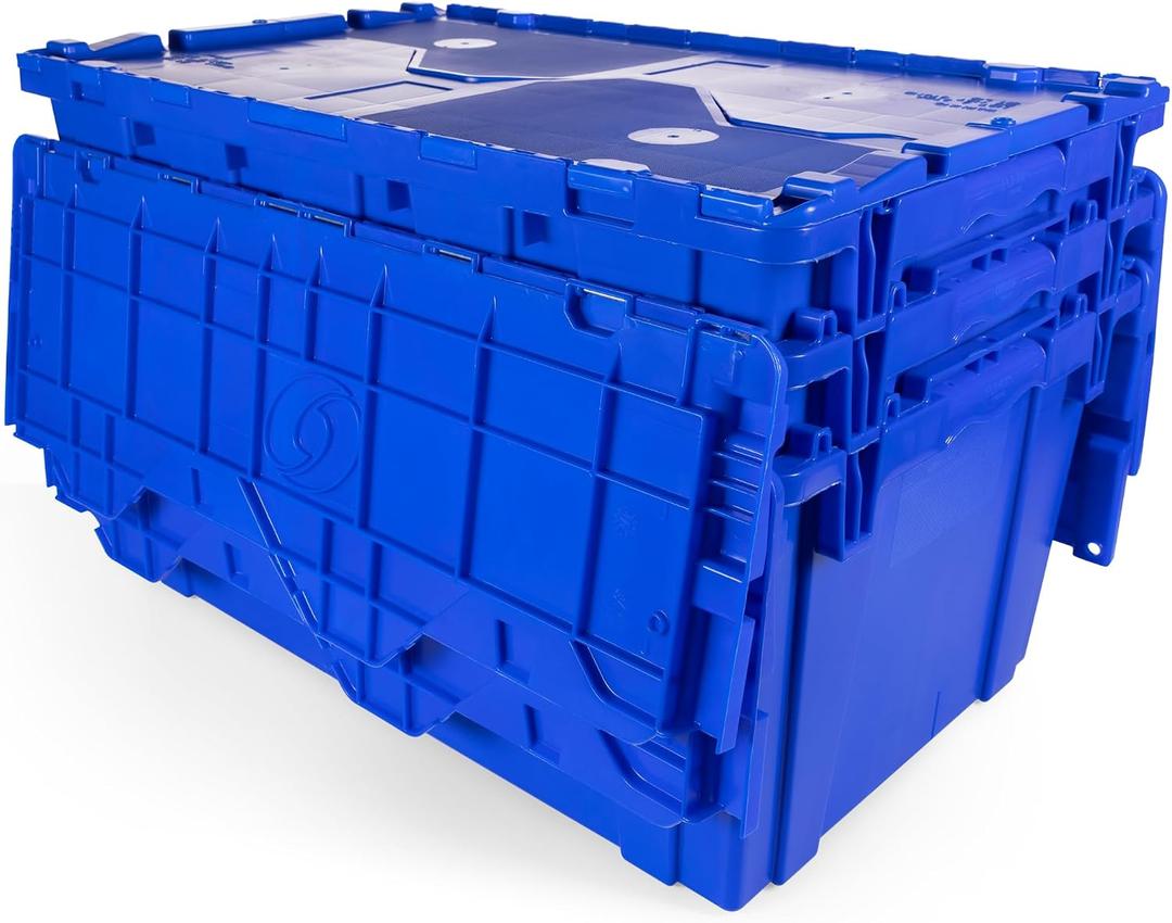IDL Packaging 18-Gallon Industrial Plastic Tote with Hinged Lids, Pack of 3 | Heavy-Duty Blue Large 27"L x 17"W x 12" H Container for Warehouses, Garages, and Home Storage
