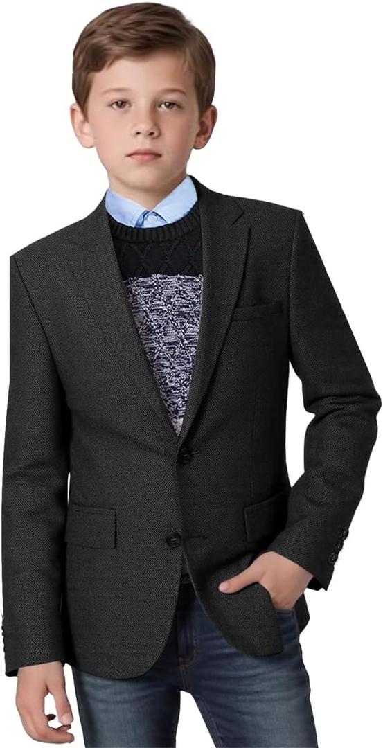 Tweed Herringbone Boys Blazer Classic Jacket for Boy Casual Jacket Formal Tweed Patterned Sport Coat (18, Black)
