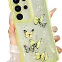 UEEBAI Wave Butterfly Case for Samsung Galaxy S25 Ultra 5G Case, Pretty Bling Star Butterfly for Women Cute Shiny Glitter Phone Cover for Girls Bling Clear Cover Curly Shockproof Girly Shell -Yellow