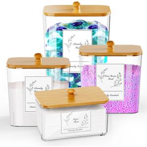 4 Pack Clear Laundry Pods Container & Dryer Sheet Holder, Plastic Square Laundry Room Organization and Storage Jars with Lids, Scoops & Labels for Detergent, Powder, Dryer Balls, Beads