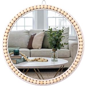 Boho Mirror Round Wall Mounted Wood Hanging Mirror, Circle Wall Decor Wooden Mirror Wall Decorative for Rustic, Farmhouse, Living Room, Bedroom, Bathroom, Nursery Room, Girls Kids Room (17 inch)
