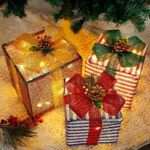 Lulu Home Christmas Lighted Boxes, 60 LED Light Up Collapsible Deocr Indoor Outdoor, Plug in Light Up Christmas Boxes Present Decorations Indoor Outdoor Yard