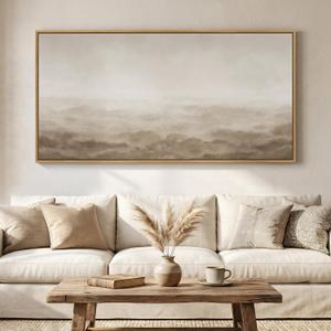 Large Framed Neutral Beige Brown Abstract Wall Art for Living Room 60x30 In