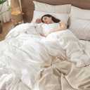 MooMee Bedding Duvet Cover Set 100% Washed Cotton Linen Like Textured Breathable Durable Soft Comfy (Solid Off White, King 104"x90")