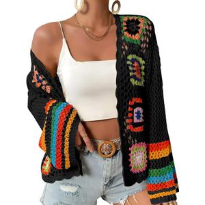 Women's Floral Crochet Cardigan Boho Hollow Out Sweater Cardigan (L)