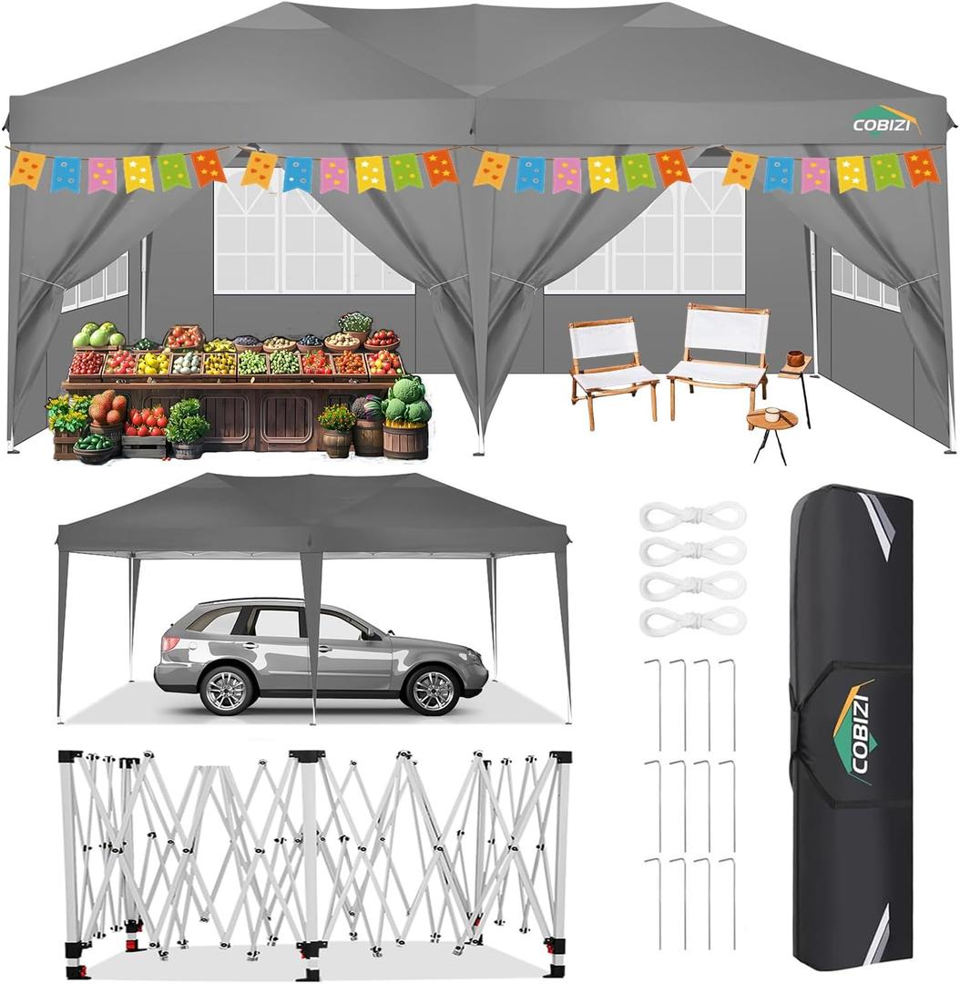 COBIZI Canopy 10x20 Pop Up Canopy Tent with 6 Sidewalls, Waterproof Outdoor Event Shelter Gazebo Sun Shade Portable 10x20 Tents for Parties Beach Camping Commercial Instant Canopy (Grey, 10'x20')
