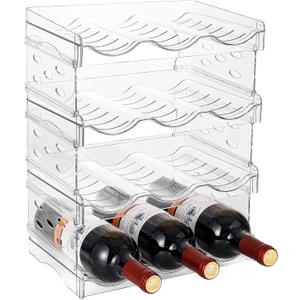 IEEK 4 Pack Stackable Wine and Water Bottle Holder Free-Standing Fridge Wine Bottle Organizers Clear Plastic Water Bottle Holder for Cabinet, Refrigerator, Pantry, Kitchen Countertops, Holds 12 Bottles