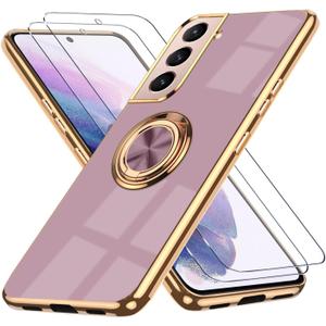 for Samsung Galaxy S21 5G Case, with 2 Screen Protector, Built-in 360 Ring Holder Magnetic Stand, Luxury Electroplated Plating Edge Shockproof Protective Phone Cover, Purple