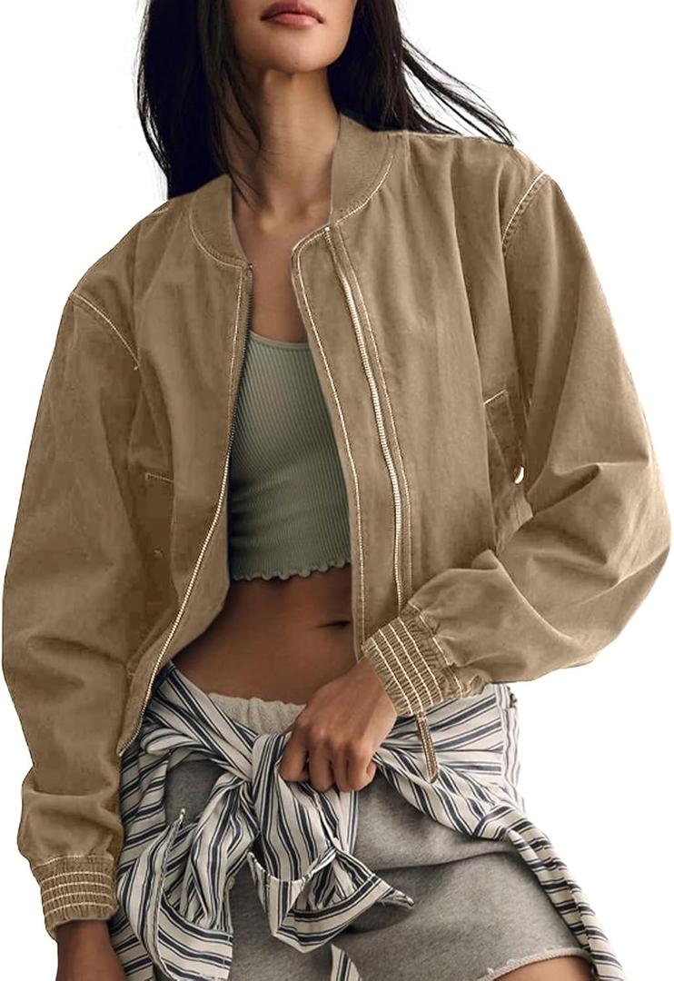 UATKIMI Women's Bomber Jacket Lightweight Casual Long Sleeve Canvas Coat Zip Up (Khaki) XS