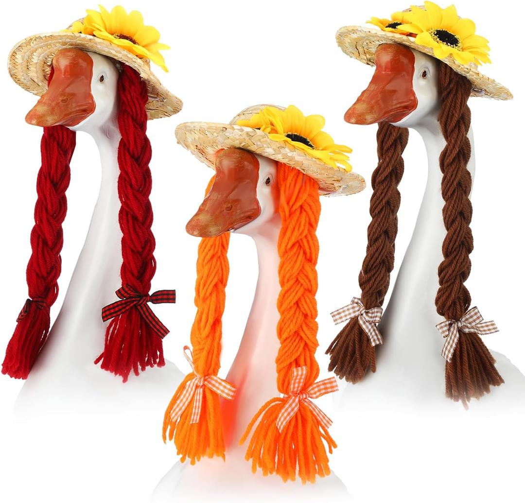 3 Pcs Thanksgiving Porch Goose Wigs Porch Goose Outfit DIY Cute Lawn Statue Braid Grass Hat Wig Decoration Costume Accessories for 23 Inch Outdoor Garden Patio Yard Decoration