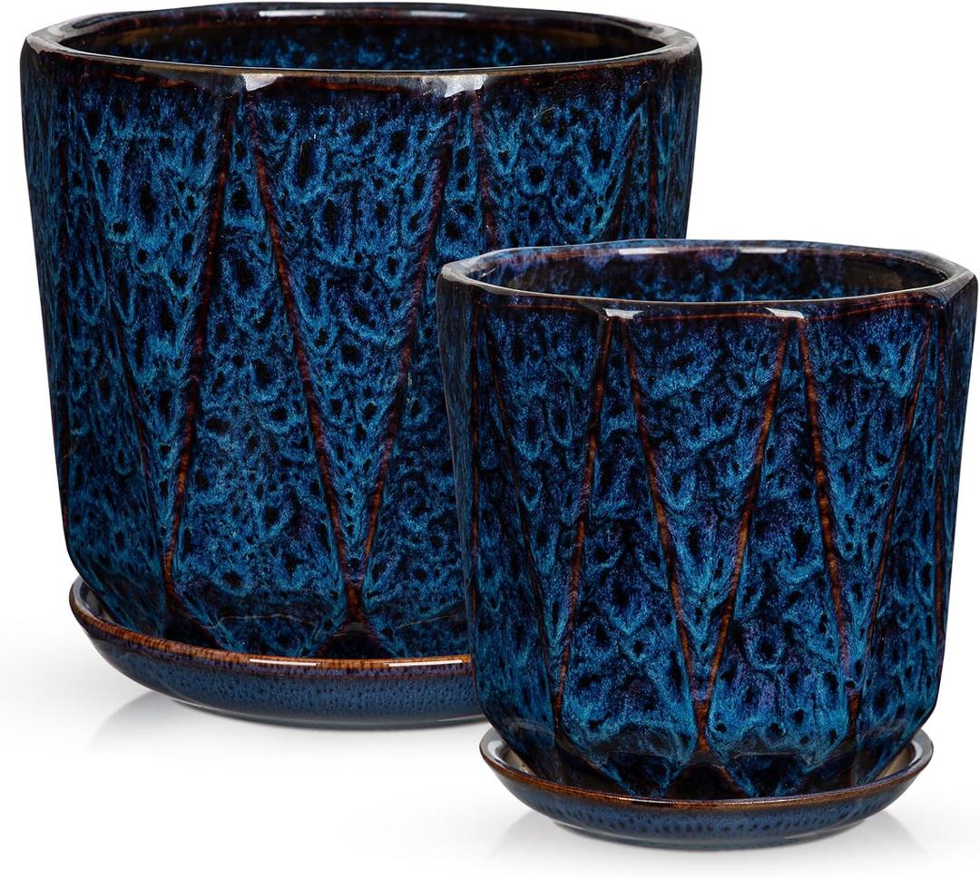Ceramic Pots for Plants, 8+6 inch Plant Pots with Drainages Holes & Saucers