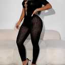 WEICHUJIAN Women Sexy See through Hollow Mesh Leopard Print Rhinestone Club Short Sleeve Bodycon Jumpsuit (Black, XL)