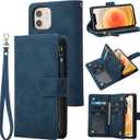 RANYOK Wallet Case Compatible with iPhone 12/12 Pro (6.1 inch), Premium PU Leather Zipper Flip Folio RFID Blocking Wallet with Wrist Strap Kickstand Protective Case - Blue