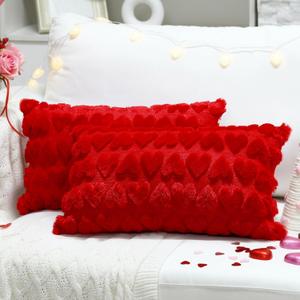 2 Pcs Valentine's Day Pillow Covers 12 x 20 Inch Red Heart Embroidery Lumbar Valentines Pillow Covers Decorations Throw Plush Faux Fur Love Pattern Cushion Case for Home Bedroom Sofa(Red)