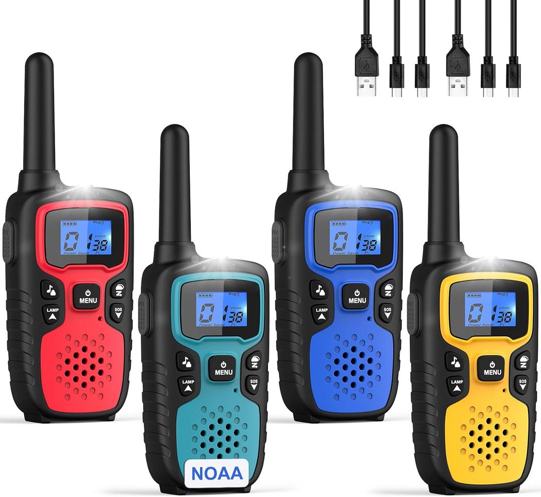 Wishouse Walkie Talkies for Adults Long Range-Rechargeable 4 Pack 2 Way Radios, Hiking Accessories Camping Gear Xmas Birthday Gift for Kids Family with Lamp,SOS Siren,NOAA Weather Alert,Easy to Use (Red Green Blue Yellow)