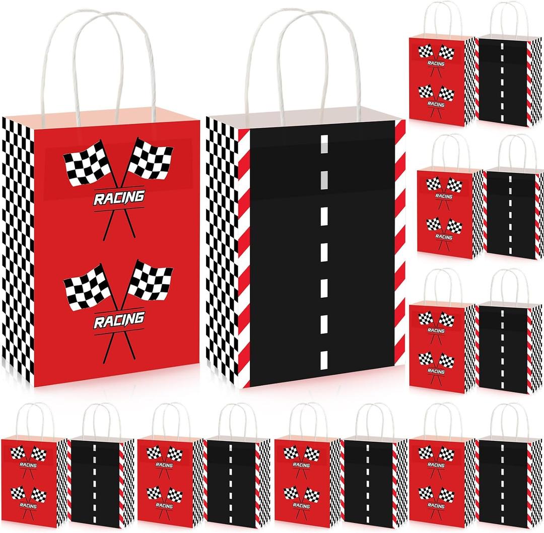 Gersoniel 16 Pcs Race Car Party Favor Bags Car Racing in Speed Birthday Party Supplies Goodie Gift Treat Bags with Handles for Checkered Flag Racing Track Race Theme Two Fast Birthday Baby Shower
