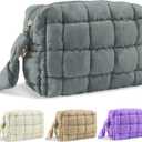 Puffer Quilted Makeup Bag Cosmetic Bags,Puffy Travel Toiletry Pouch for Women,Cute Checkered Zipper Bag Travel Essential,Portable Aesthetic Make up Organizer Bag for Gifts Work Daily(Grey,S)