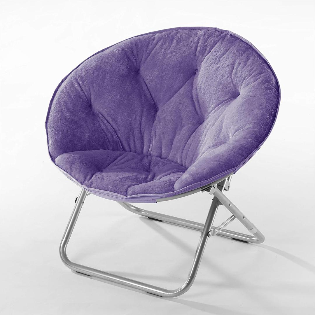Urban Lifestyle Faux Fur Saucer Chair,Purple/Silver, 22" D x 32" W x 29" H, Cozy Foldable Accent Chair for Teens, Kids, Dorms & Bedrooms