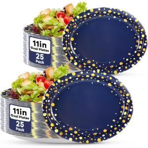 50Pcs Blue and Gold Party Supplies Large Gold Dot on Blue Paper Plates Oval Dinner Plates Disposable Party Tableware for Birthday Decorations Graduation Baby Showers Wedding Holiday Retirement