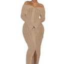 AIBUSIS Womens Sexy Off Shoulder Maxi Dress Pleated See Through Flare Sleeve Button Down Slit Bodycon Long Dresses XL