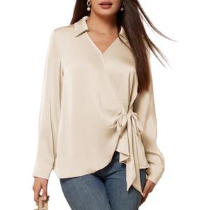 GRACE KARIN Women's Satin Silk Blouses Wrap V Neck Shirts Long Sleeve Elegant Tie Waist Office Formal Work Tunic PulloverTops (Beige)