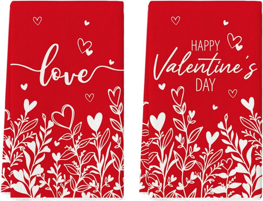 Artoid Mode Red Love Heart Floral Leaves Valentine's Kitchen Towels Dish Towels, 18x26 Inch Anniversary Wedding Decoration Cleaning Set of 2