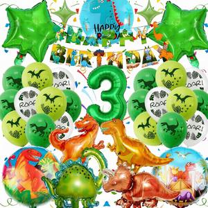 Dinosaur 3rd Birthday Party Decorations for Boys Girls, Foil Green Star Number 3 Dinosaur Balloons with Happy Birthday Banner Hanging Swirls for Dino Party Supplies