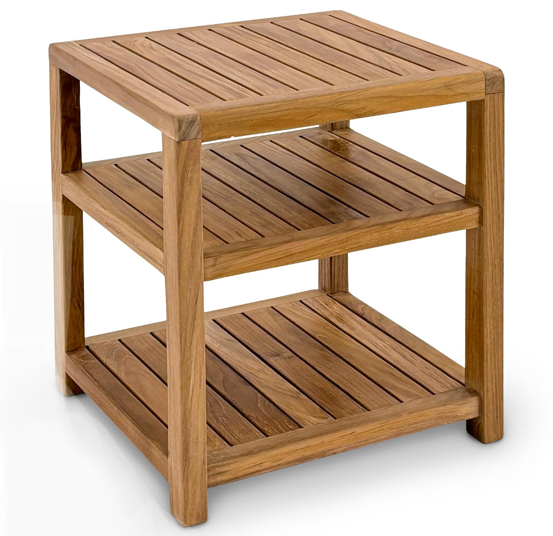 StrongTek Teak Shower Stool with Double Storage, Water-Resistant Spa Bench, Multi-Functional for Bathroom, Sauna, Spa, Compact, Elegant Teak Wood, No Assembly Required, Bath Bench, Indoor/Outdoor Use