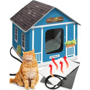 Deluxe Heated Cat House for Winter - Weatherproof, Insulated, Easy Assembly, Cat Heating Pad, Dual Escape Doors, Outdoor & Indoor Cat House - Blue Tiles Pethouse