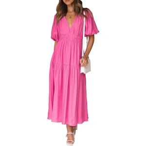 Lucrosun Women's Summer V Neck Short Puff Sleeve A Line Tiered Midi Dress, (Roses, S)